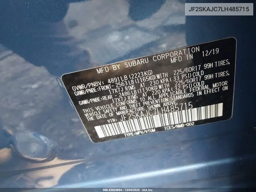 JF2SKAJC7LH485715 2020 Subaru Forester Premium