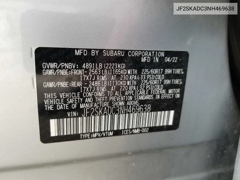 2022 Subaru Forester Premium VIN: JF2SKADC3NH469638 Lot: 40397303