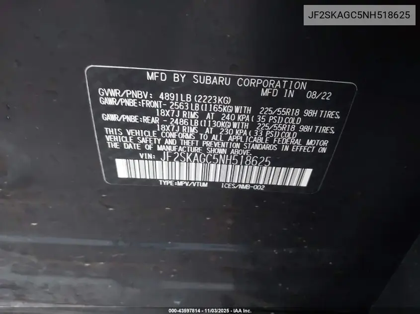JF2SKAGC5NH518625 2022 Subaru Forester Sport