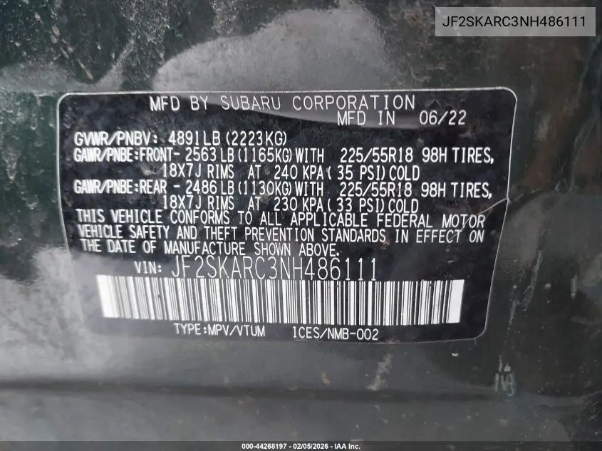 JF2SKARC3NH486111 2022 Subaru Forester Touring