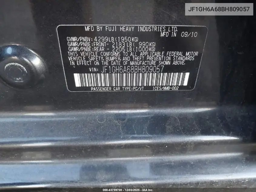 JF1GH6A68BH809057 2011 Subaru Impreza 2.5I
