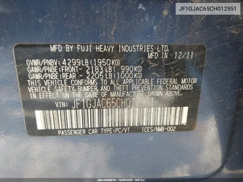 JF1GJAC65CH012951 2012 Subaru Impreza 2.0I Premium