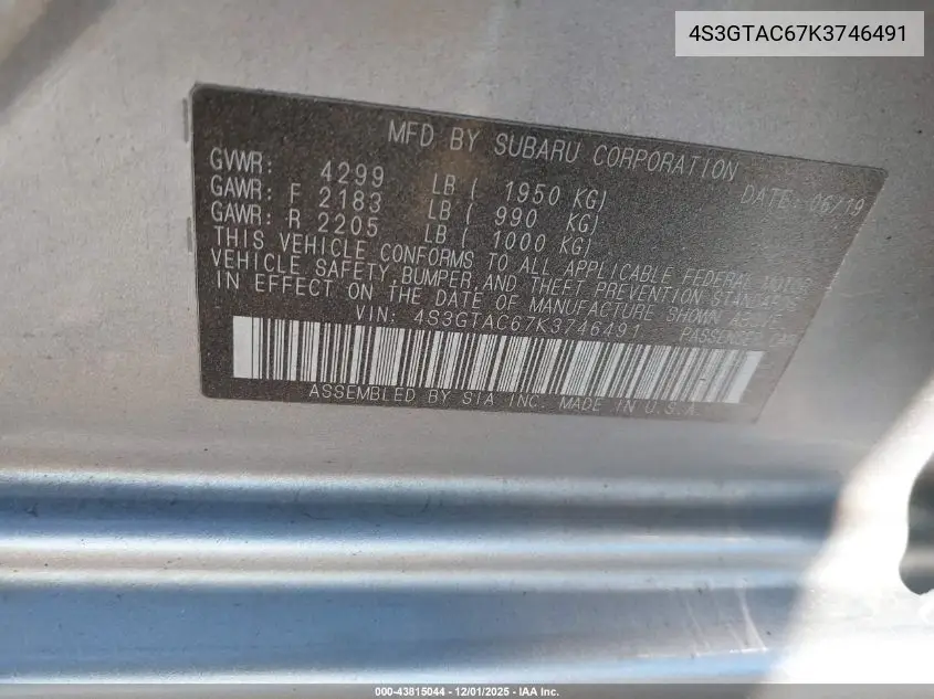 4S3GTAC67K3746491 2019 Subaru Impreza 2.0I Premium