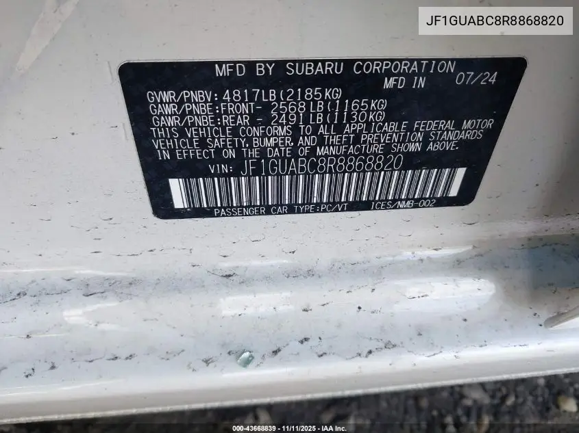 JF1GUABC8R8868820 2024 Subaru Impreza Base 5-Door