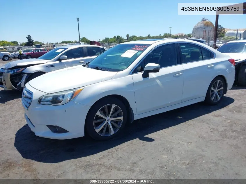 2016 Subaru Legacy 3.6R Limited VIN: 4S3BNEN60G3005759 Lot: 39955722