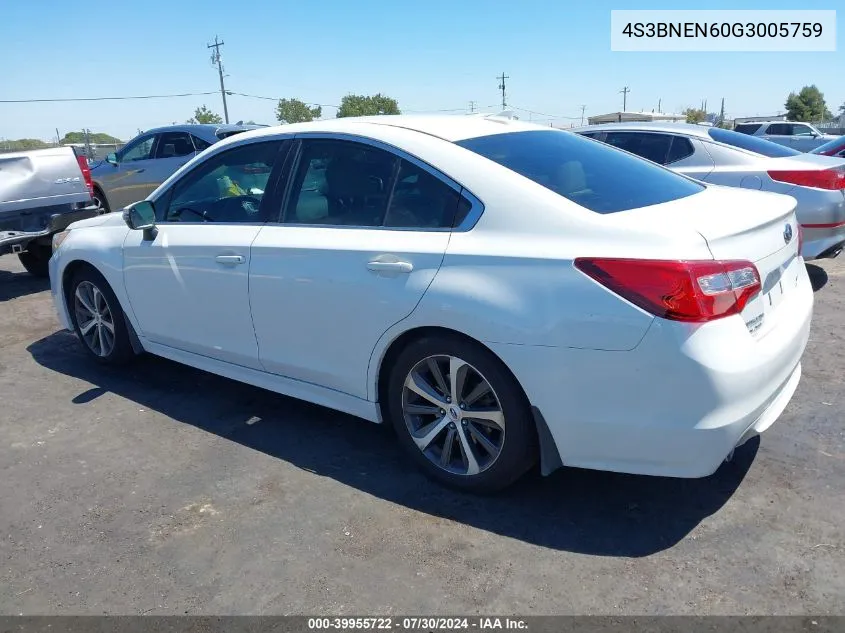 2016 Subaru Legacy 3.6R Limited VIN: 4S3BNEN60G3005759 Lot: 39955722