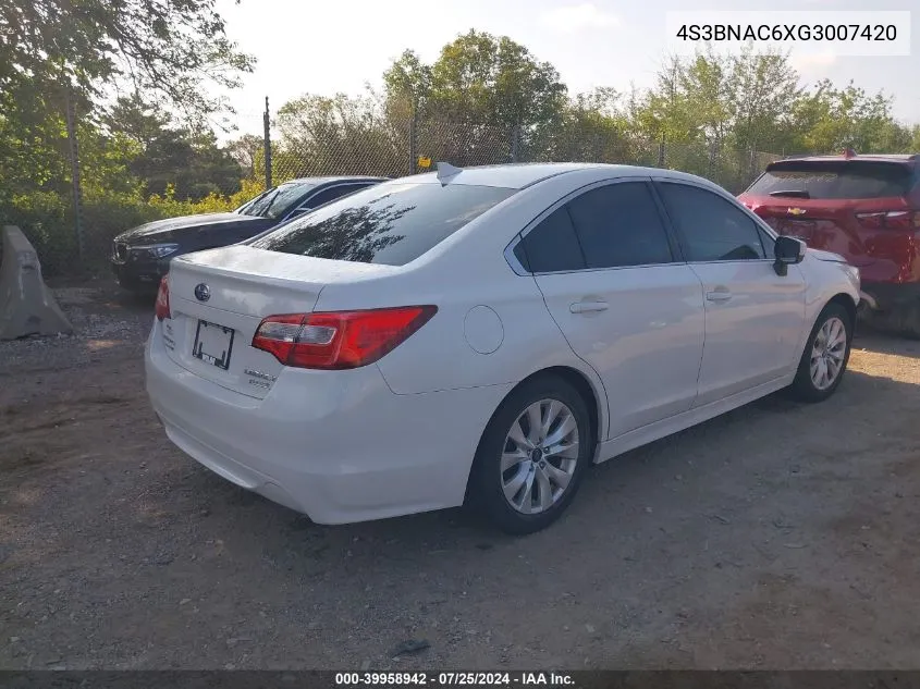 2016 Subaru Legacy 2.5I Premium VIN: 4S3BNAC6XG3007420 Lot: 39958942