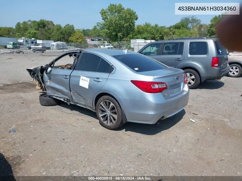 2017 Subaru Legacy 2.5I Limited VIN: 4S3BNAN61H3034360 Lot: 40030915