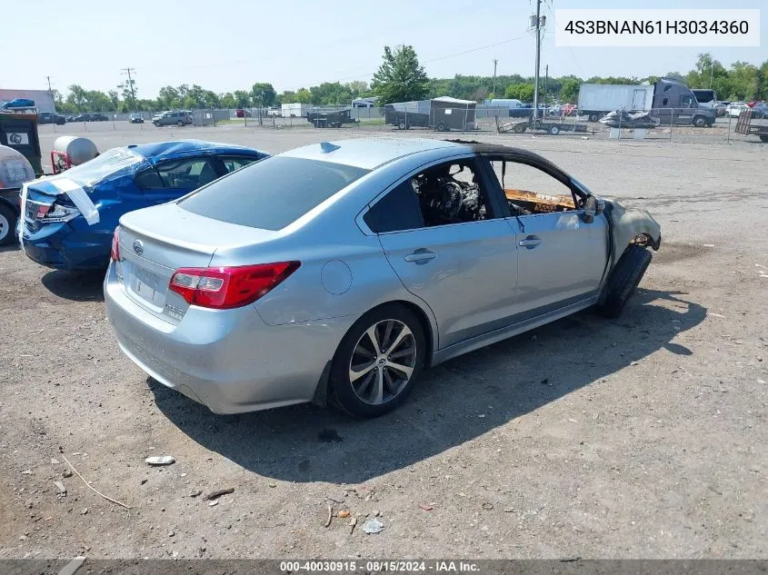 2017 Subaru Legacy 2.5I Limited VIN: 4S3BNAN61H3034360 Lot: 40030915