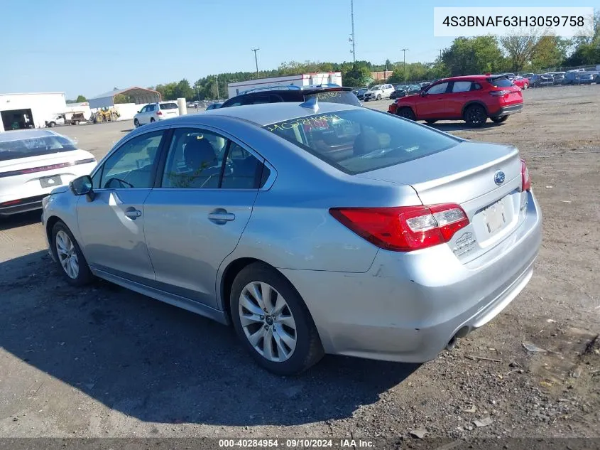 2017 Subaru Legacy 2.5I Premium VIN: 4S3BNAF63H3059758 Lot: 40284954