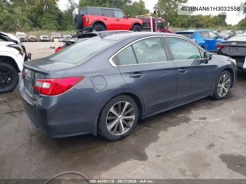 2017 Subaru Legacy 2.5I Limited VIN: 4S3BNAN61H3032558 Lot: 40353118