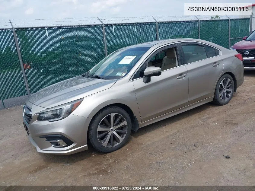 2019 Subaru Legacy 2.5I Limited VIN: 4S3BNAN60K3005116 Lot: 39916822