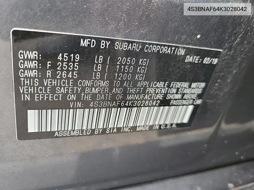 4S3BNAF64K3028042 2019 Subaru Legacy 2.5I Premium