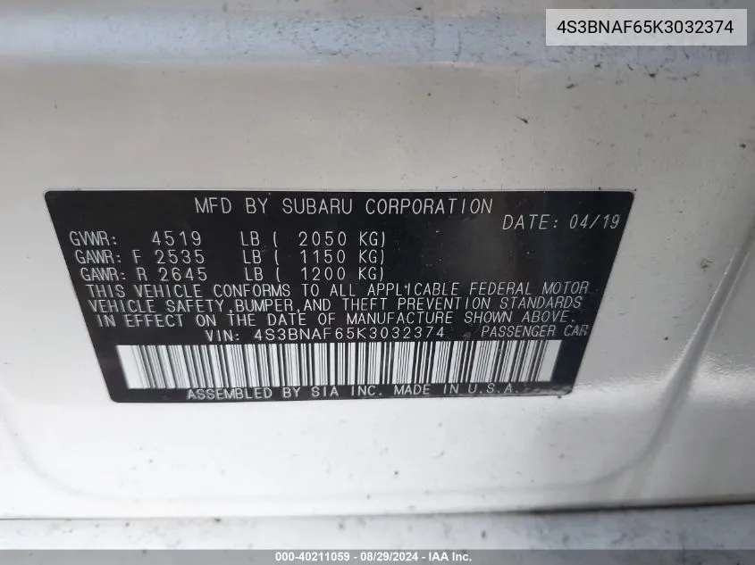 4S3BNAF65K3032374 2019 Subaru Legacy 2.5I Premium