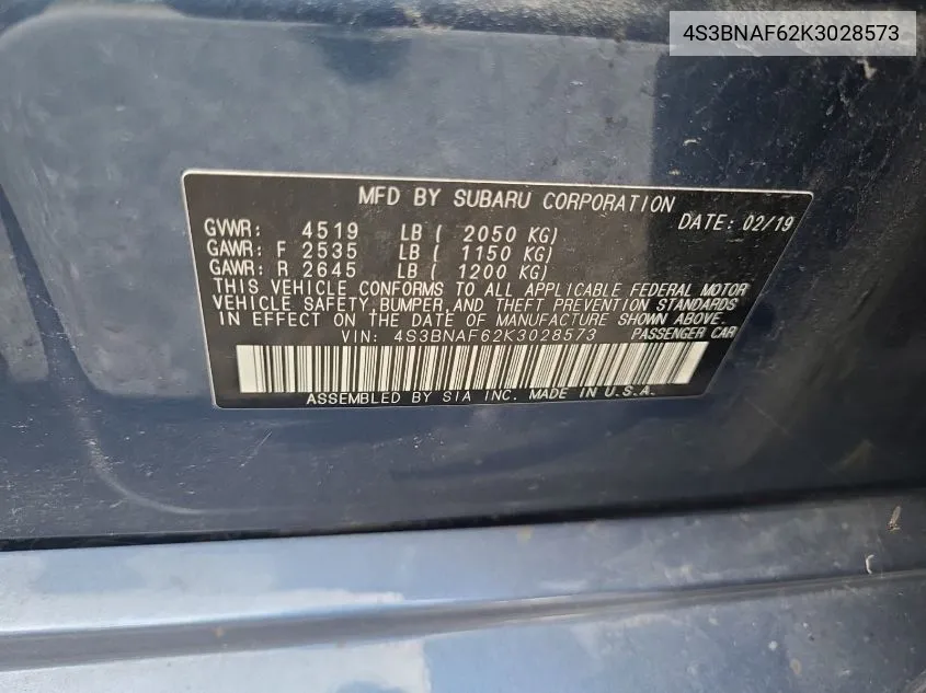 4S3BNAF62K3028573 2019 Subaru Legacy Premium