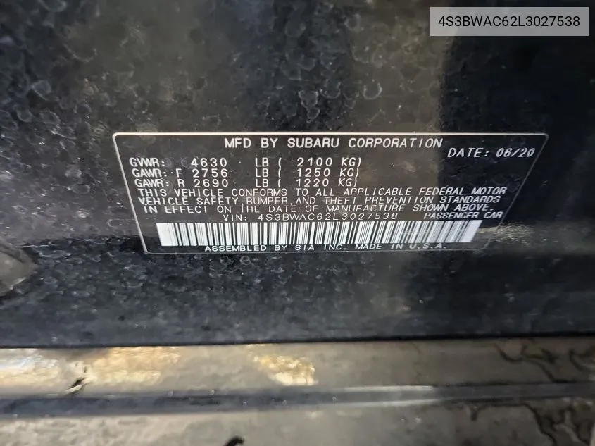 4S3BWAC62L3027538 2020 Subaru Legacy Premium