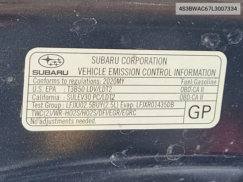 4S3BWAC67L3007334 2020 Subaru Legacy Premium