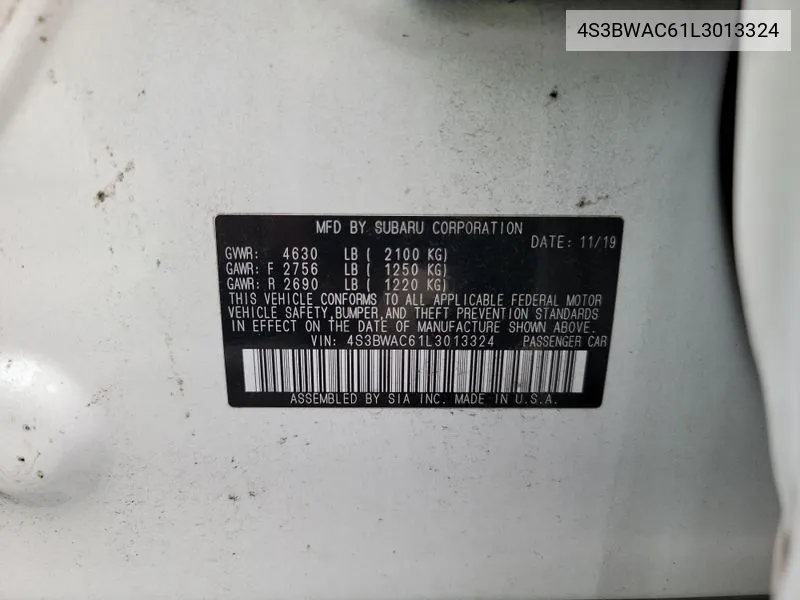 4S3BWAC61L3013324 2020 Subaru Legacy Premium