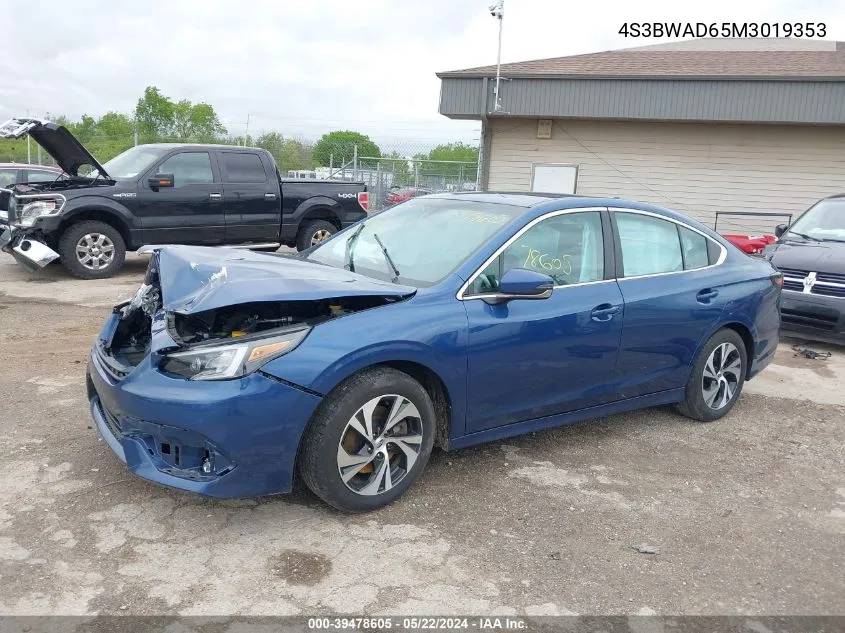 2021 Subaru Legacy Premium VIN: 4S3BWAD65M3019353 Lot: 39478605