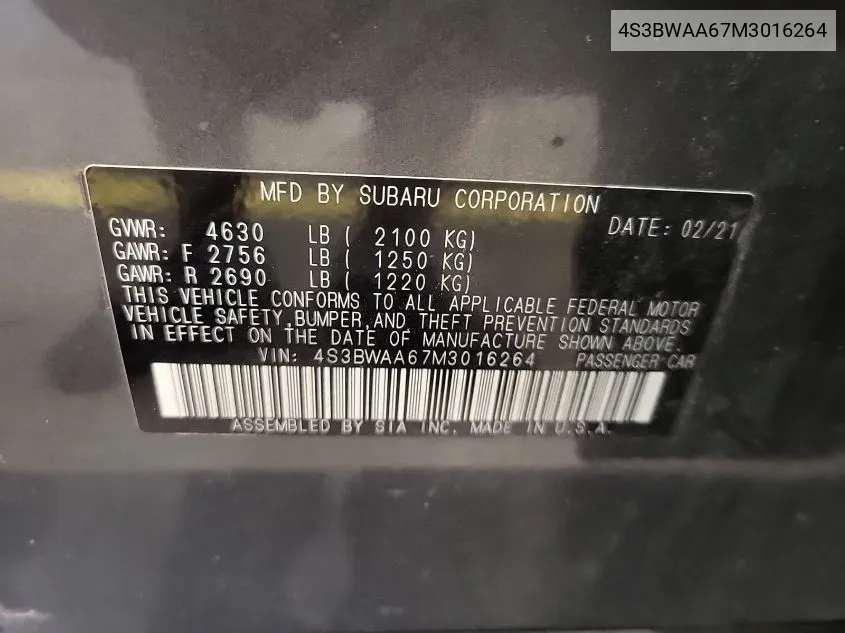 4S3BWAA67M3016264 2021 Subaru Legacy