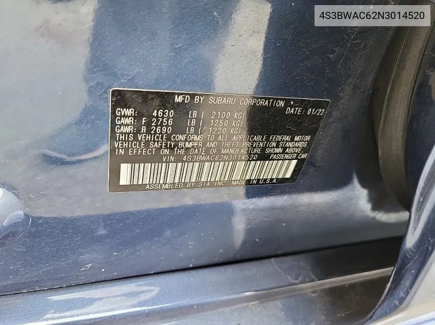 4S3BWAC62N3014520 2022 Subaru Legacy Premium