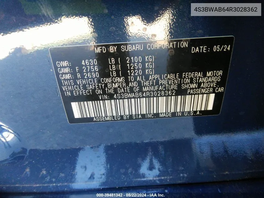 4S3BWAB64R3028362 2024 Subaru Legacy