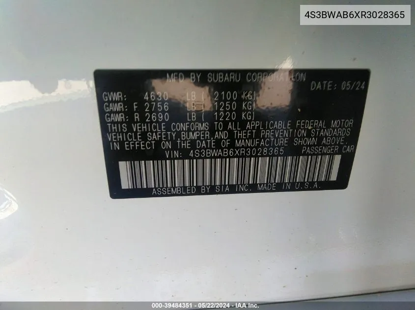 4S3BWAB6XR3028365 2024 Subaru Legacy