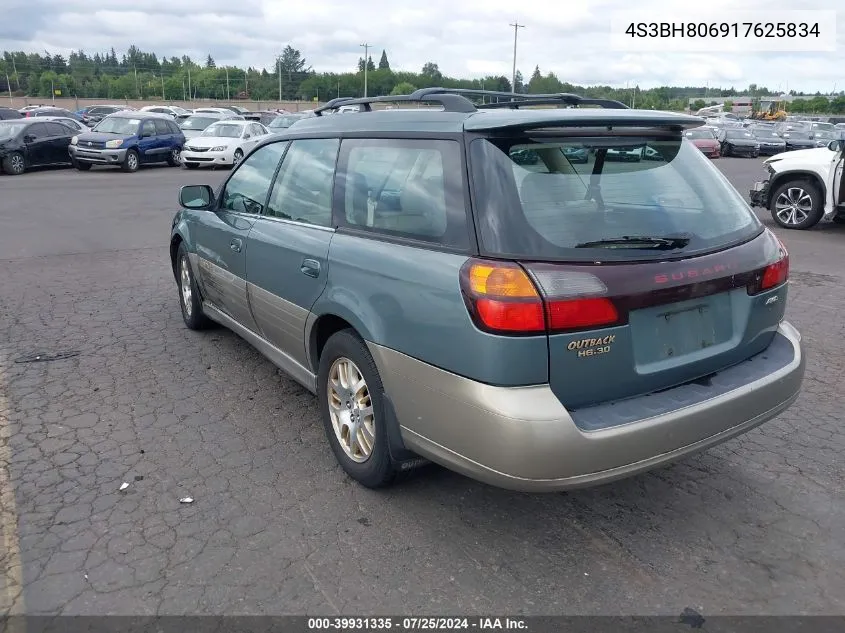 2001 Subaru Outback H6-3.0 VIN: 4S3BH806917625834 Lot: 39931335