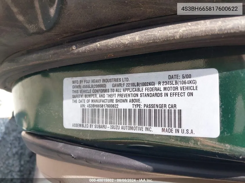 4S3BH665817600622 2001 Subaru Outback