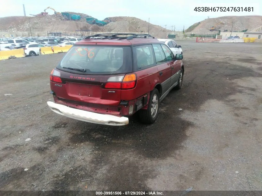 2004 Subaru Outback VIN: 4S3BH675247631481 Lot: 39951506