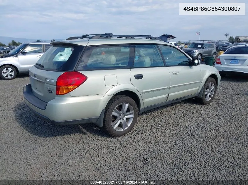 4S4BP86C864300807 2006 Subaru Outback 3.0R L.l. Bean Edition