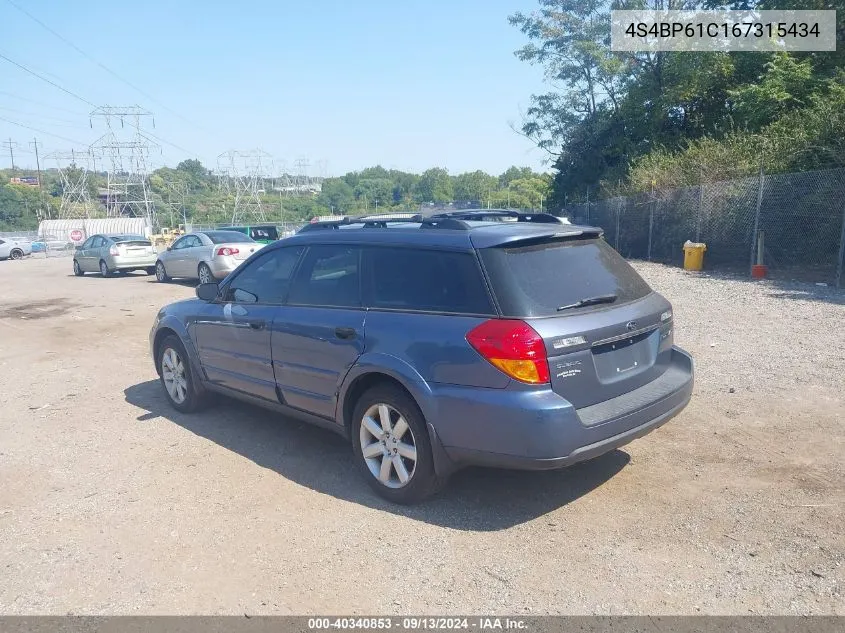 2006 Subaru Outback 2.5I VIN: 4S4BP61C167315434 Lot: 40340853