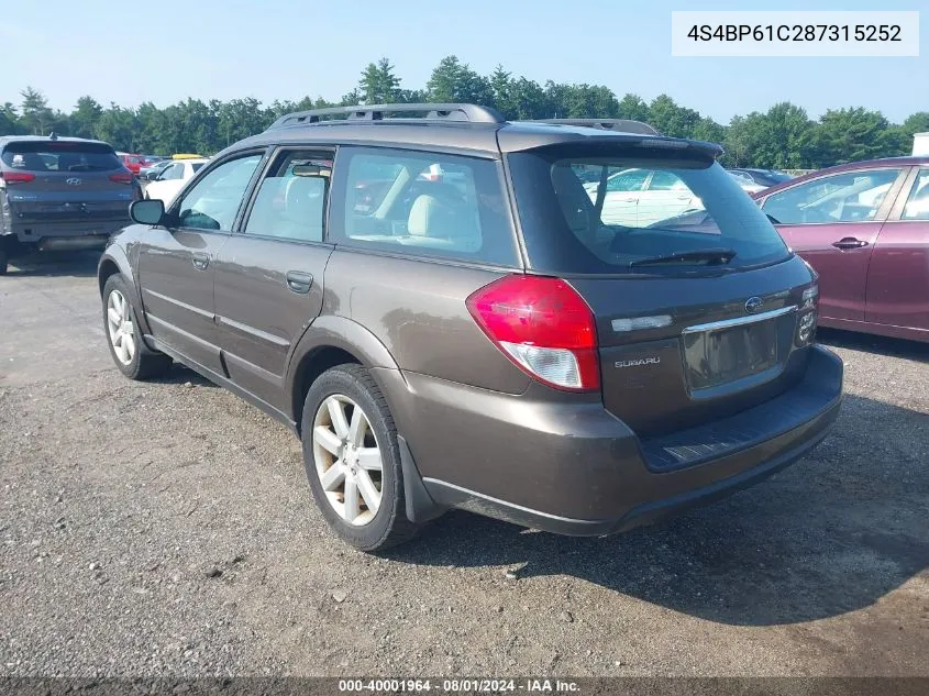 2008 Subaru Outback VIN: 4S4BP61C287315252 Lot: 40001964