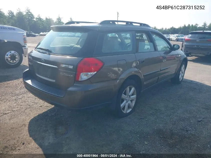 2008 Subaru Outback VIN: 4S4BP61C287315252 Lot: 40001964