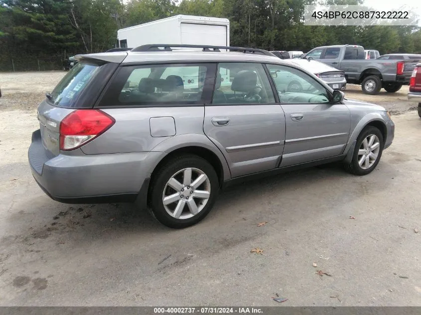 2008 Subaru Outback 2.5I Limited/2.5I Limited L.l. Bean Edition VIN: 4S4BP62C887322222 Lot: 40002737