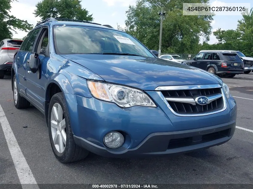 2008 Subaru Outback 2.5I/2.5I L.l. Bean Edition VIN: 4S4BP61C287360126 Lot: 40002978