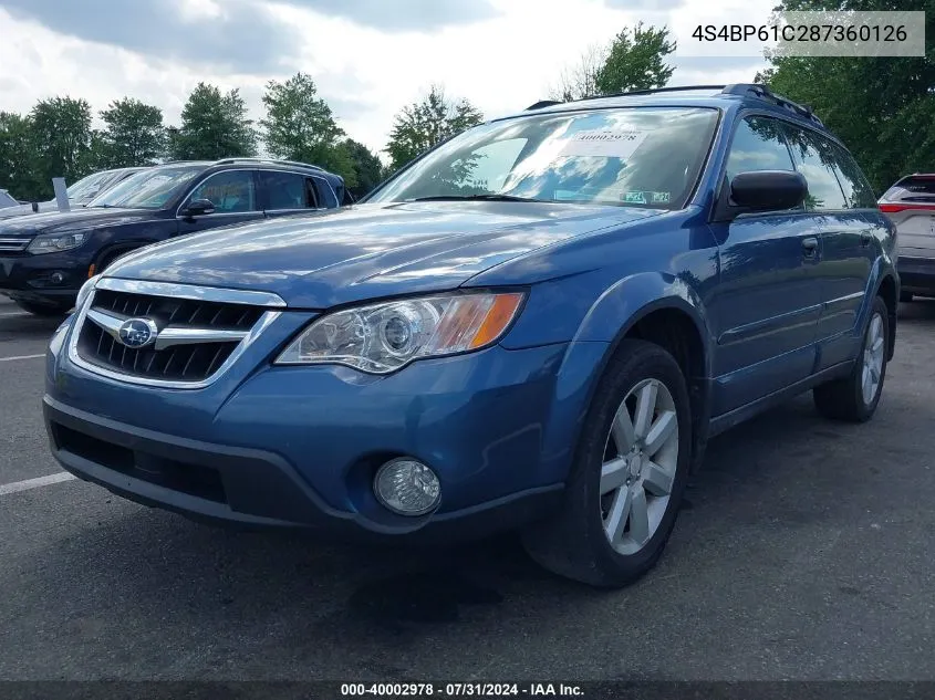 2008 Subaru Outback 2.5I/2.5I L.l. Bean Edition VIN: 4S4BP61C287360126 Lot: 40002978