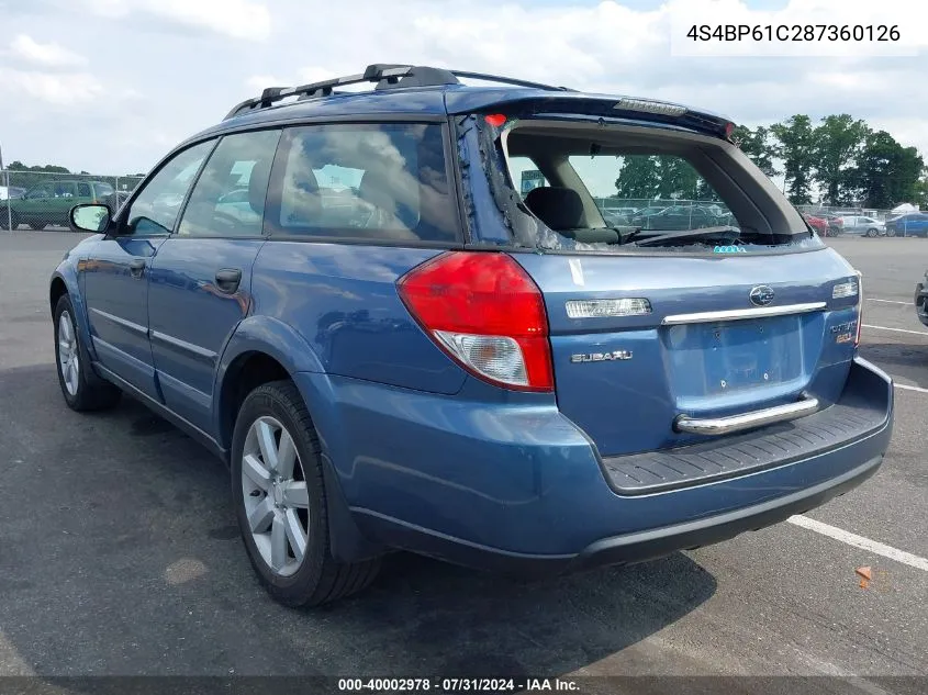 2008 Subaru Outback 2.5I/2.5I L.l. Bean Edition VIN: 4S4BP61C287360126 Lot: 40002978