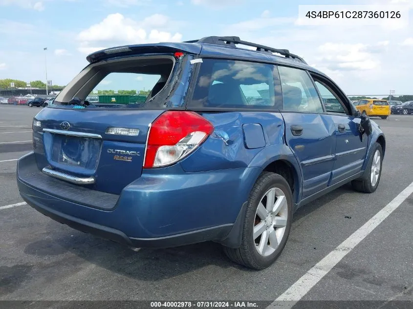 2008 Subaru Outback 2.5I/2.5I L.l. Bean Edition VIN: 4S4BP61C287360126 Lot: 40002978