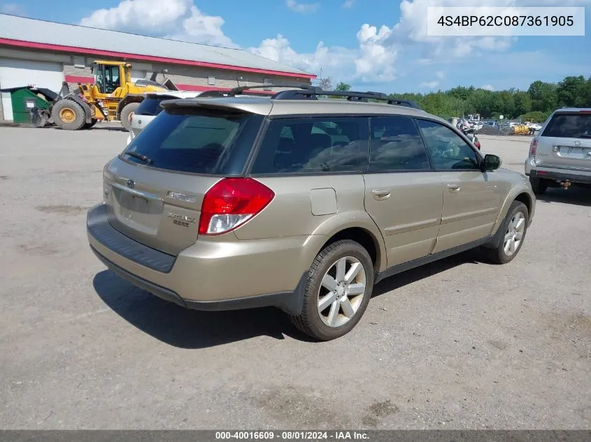 2008 Subaru Outback 2.5I Limited/2.5I Limited L.l. Bean Edition VIN: 4S4BP62C087361905 Lot: 40016609