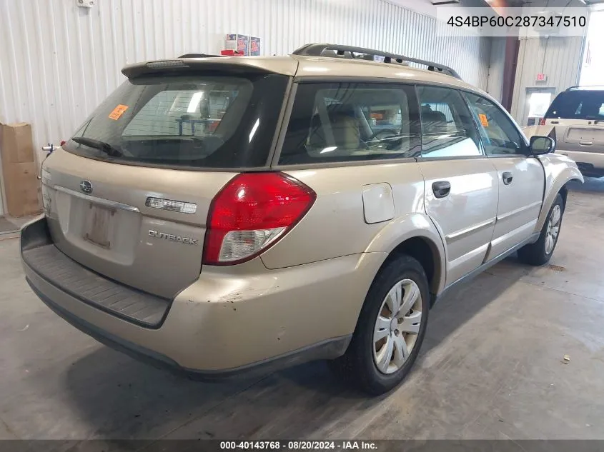 2008 Subaru Outback VIN: 4S4BP60C287347510 Lot: 40143768