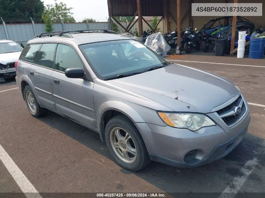 2008 Subaru Outback VIN: 4S4BP60C187352892 Lot: 40257425