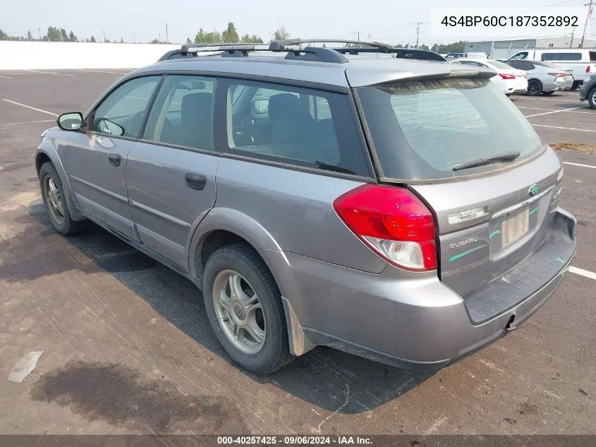 2008 Subaru Outback VIN: 4S4BP60C187352892 Lot: 40257425