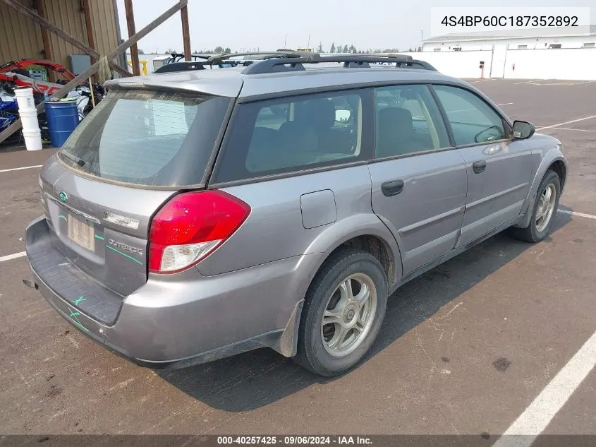 2008 Subaru Outback VIN: 4S4BP60C187352892 Lot: 40257425