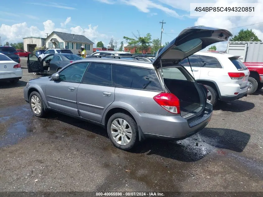 2009 Subaru Outback 3.0R VIN: 4S4BP85C494320851 Lot: 40055598