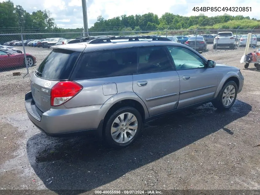 2009 Subaru Outback 3.0R VIN: 4S4BP85C494320851 Lot: 40055598