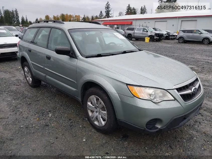4S4BP60C497316115 2009 Subaru Outback 2.5I