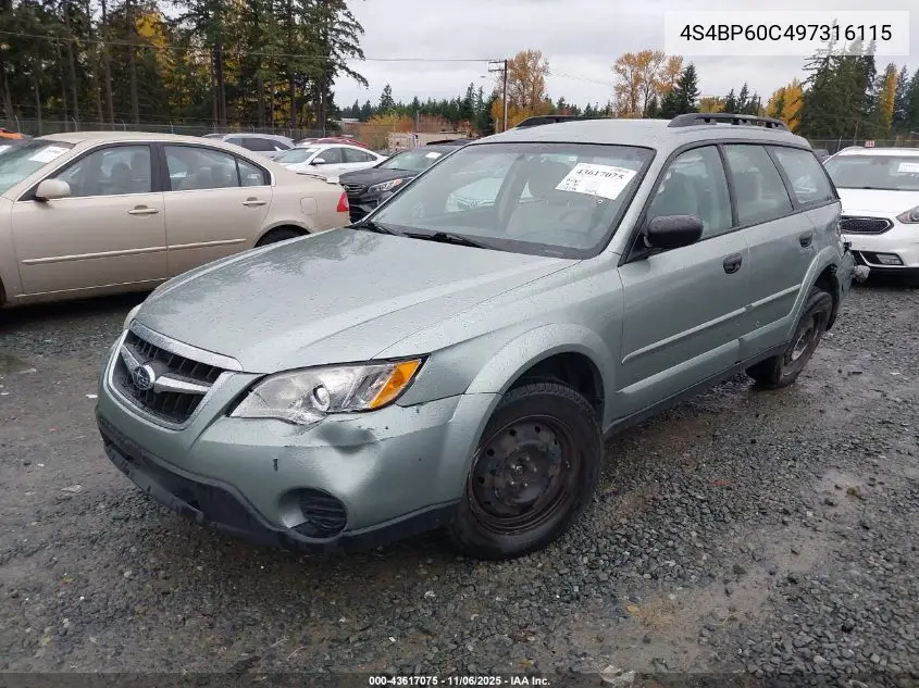 4S4BP60C497316115 2009 Subaru Outback 2.5I