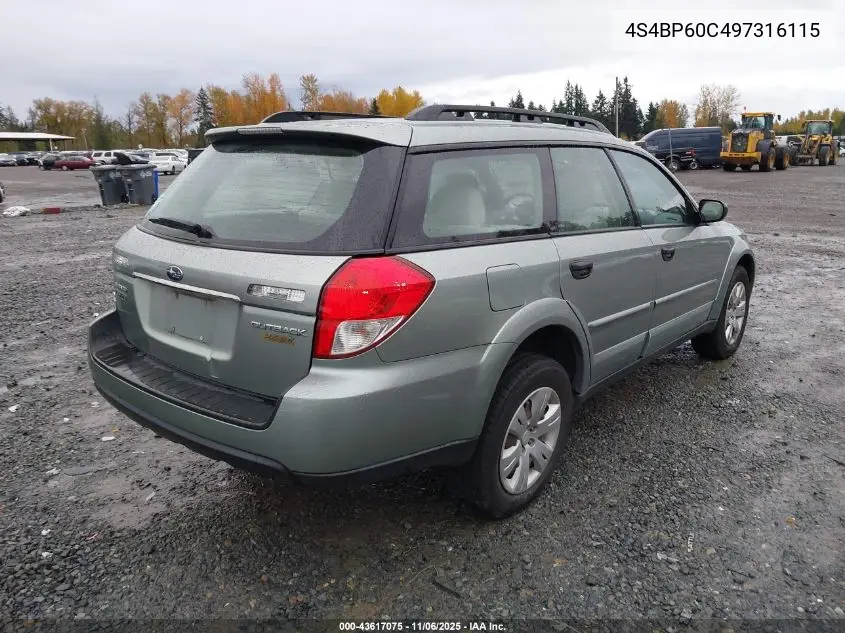 4S4BP60C497316115 2009 Subaru Outback 2.5I