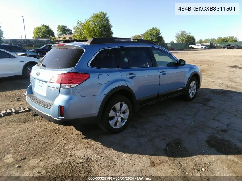 2011 Subaru Outback 2.5I Limited VIN: 4S4BRBKCXB3311501 Lot: 39325180